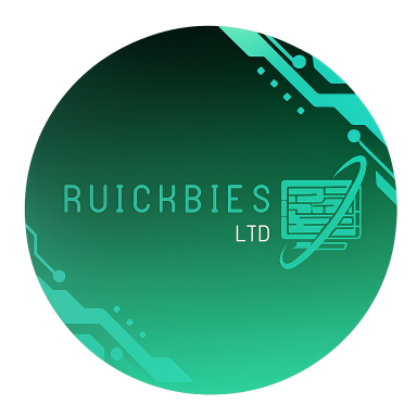 Logo of Ruickbies Ltd, featuring a modern design with circuit patterns in teal and black.